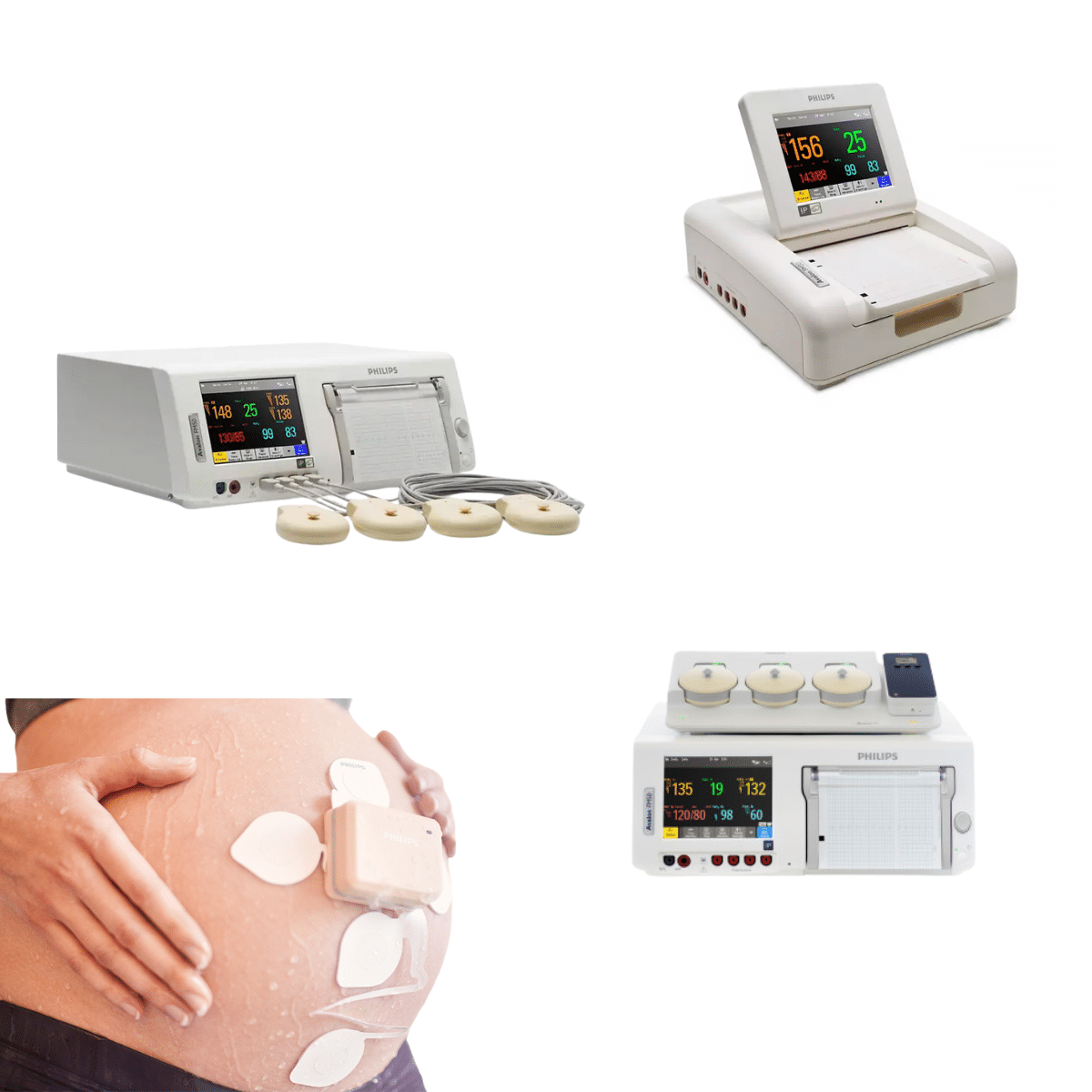 Ensemble de dispositifs médicaux de la gamme fœtale Philips, comprenant plusieurs moniteurs fœtaux, capteurs, enregistreurs et accessoires de surveillance. Les équipements sont disposés sur un fond neutre, illustrant la diversité de la gamme dédiée au suivi du rythme cardiaque fœtal et des contractions utérines.